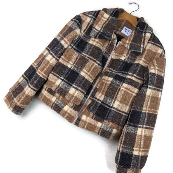 NWOT Princess Polly Doria Jacket Brown Plaid Cropped Oversized Boxy Zip Teddy - Picture 12 of 16